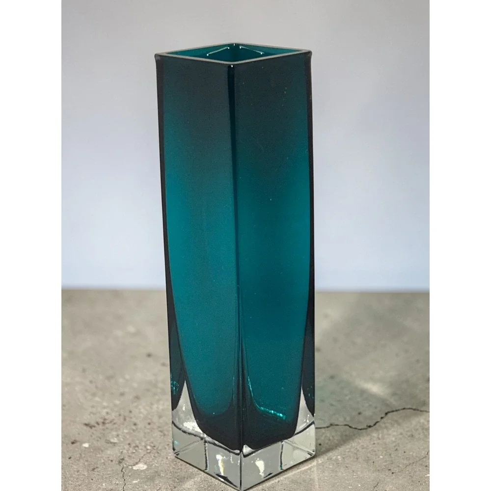Modern Teal Sommerso Glass Vase‎ Square Green Bud Vase 8 Inch Heavy Clear Base